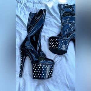 Pleaser Black patent leather Platform Boots 7" Heel Studded Nightclub Party Shoe